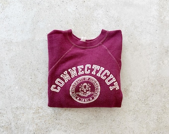 Vintage Sweatshirt | CONNECTICUT University College Top Shirt Sweater Pullover Raglan 70’s 80’s Red Burgundy Maroon | Size XS