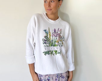 Vintage Sweatshirt | WILDFLOWER Raglan Pullover Jumper Sweatshirt 80’s Floral Boho Bohemian White | Size M