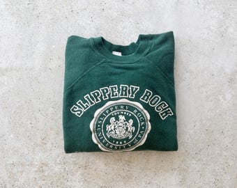 Vintage Sweatshirt | SLIPPERY ROCK Pennsylvania University College Raglan Pullover Top Shirt Sweater Green 70’s | Size S/M