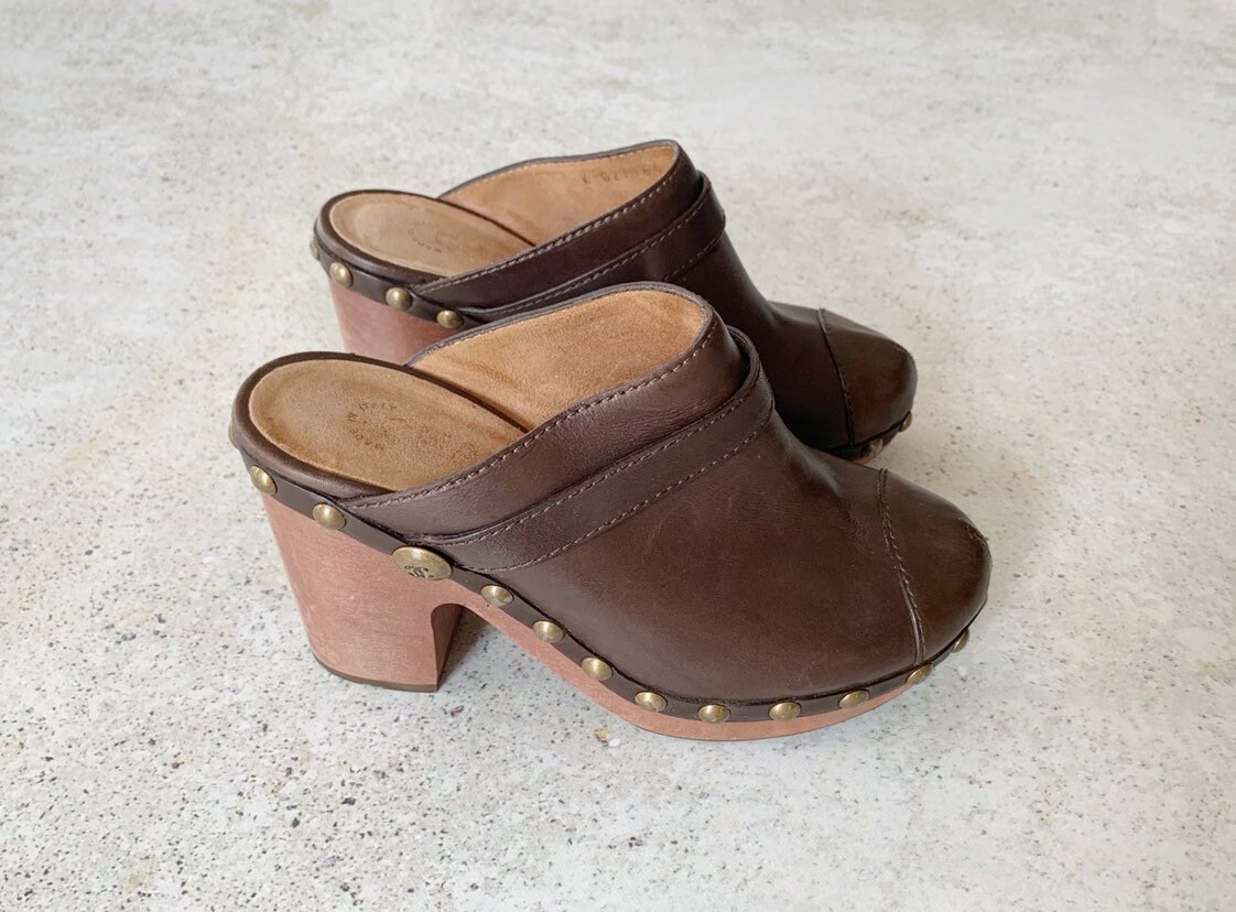 Vintage Shoes | CHANEL Leather & Brass Stud Clogs Mules Slides Brown ...