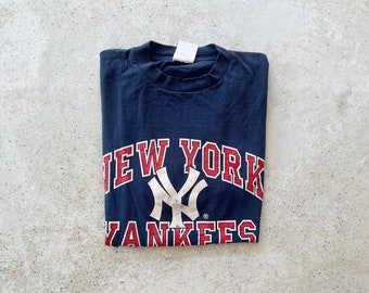 Vintage T-Shirt | NY YANKEES Baseball Sports Raglan Pullover Top Shirt Graphic Tee Navy Blue | Size L/XL