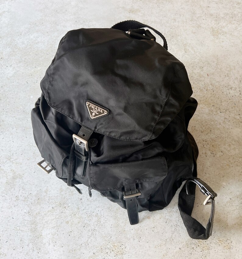 Vintage Bag PRADA Tessuto Backpack Full Size Shoulder Bag Purse 90s Black image 9