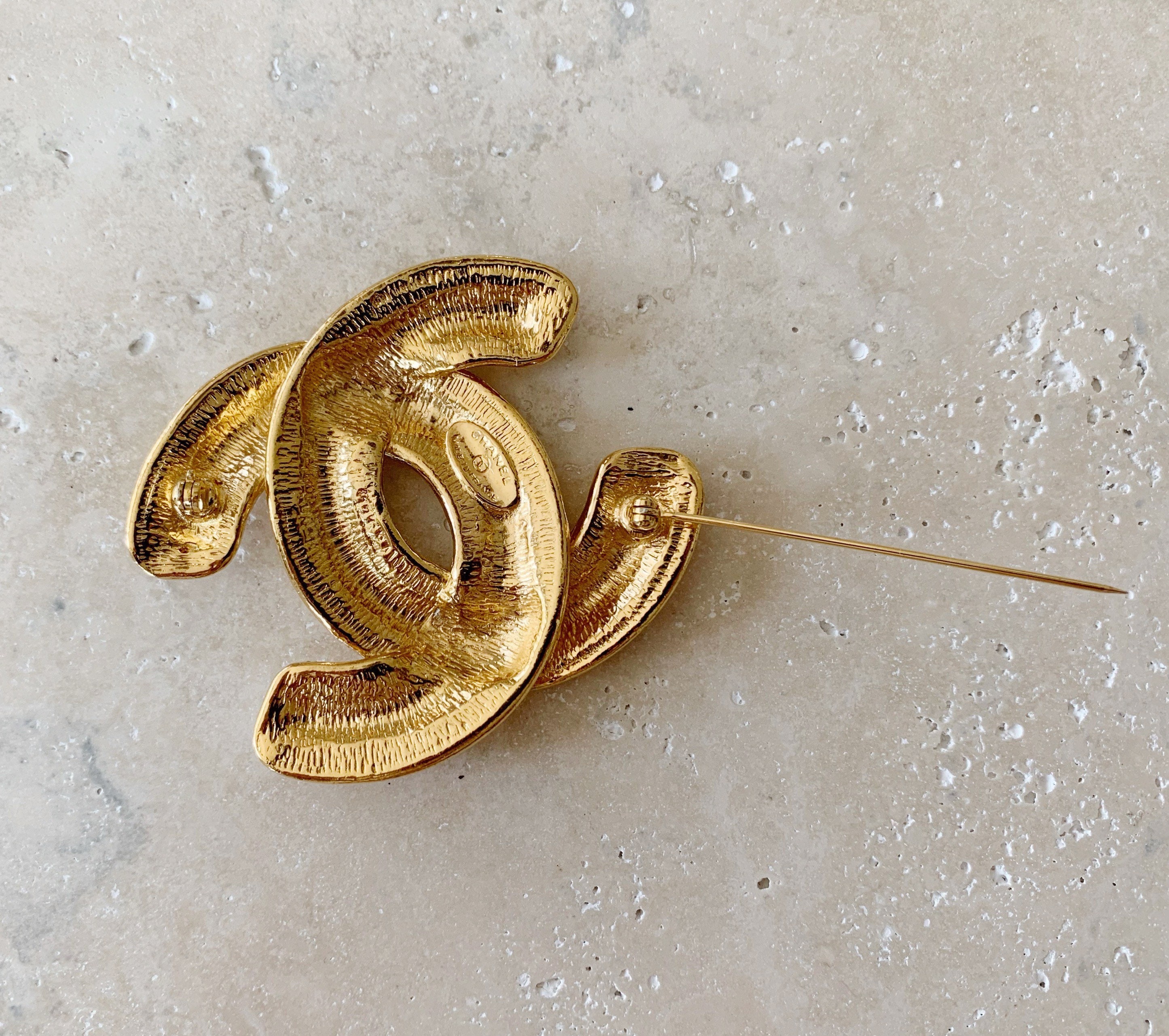 Vintage Brooch CHANEL Jumbo Large Quilted CC Logo Monogram 80’s