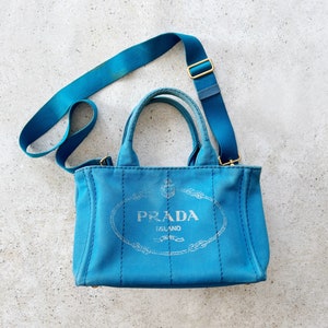 Vintage Bag | PRADA Canapa Mini Canvas Convertible Beach Tote Satchel Bag Purse Boho Bohemian Blue Gold