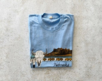 Vintage T-Shirt | NEBRASKA Graphic Tee Top Pullover Shirt 70's 80’s Faded Blue | Size XS/S