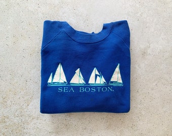 Vintage Sweatshirt | BOSTON Ocean Sea Nautical Coastal Beach Sailing Raglan Top Shirt Sweater Pullover Blue | Size M/L