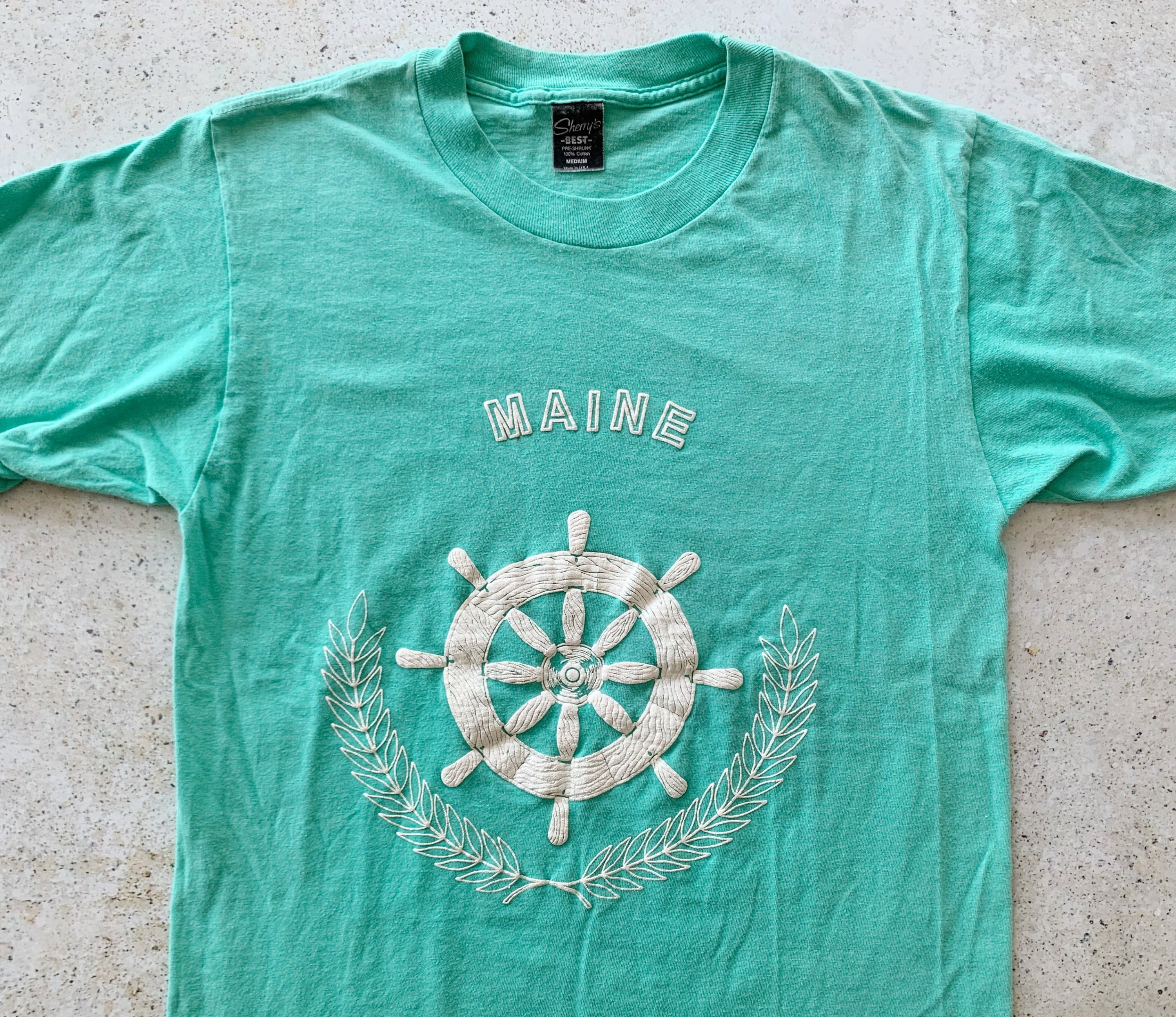 Vintage TShirt MAINE Coastal Nautical Beach Shirt Top Green Blue