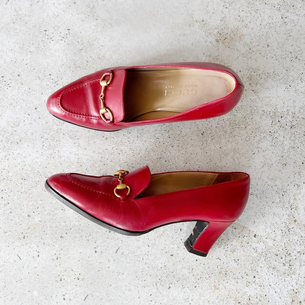 Vintage Shoes | GUCCI Women’s Horsebit Loafers Heels Pumps Leather Red Gold 80’s 90’s | Size 6 US