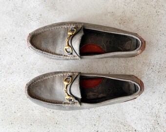 Vintage Shoes | GUCCI Horsebit Women’s Leather Driving Loafers Distressed Gray Blue Brown Brass Gold 80’s 90’s Y2K | Size 7.5 US