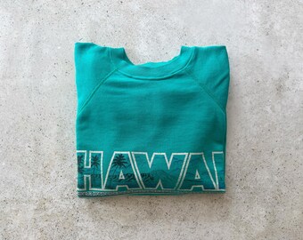 Vintage Sweatshirt | HAWAII Tropical Coastal Beach Ocean Nautical Bohemian Raglan Pullover Top Shirt Sweater Teal Blue Green | Size L