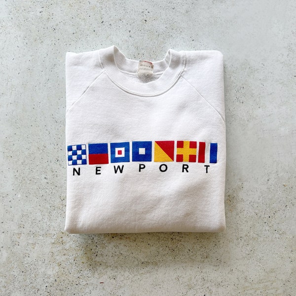 Sweat-shirt vintage | NEWPORT Pull raglan 80's Top-shirt Pull nautisme côtier plage océan blanc | Taille M/L