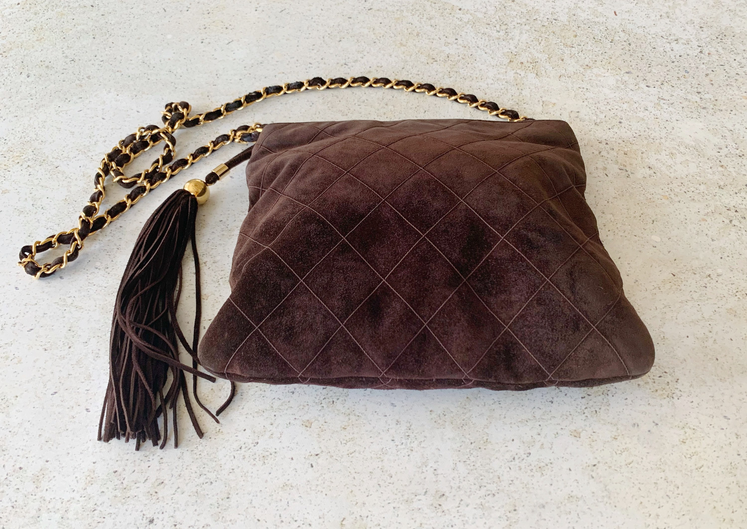 Vintage Bag  CHANEL Quilted Matelasse Suede Crossbody Shoulder Bag Chain  Strap 80's 90's Chocolate Brown Gold