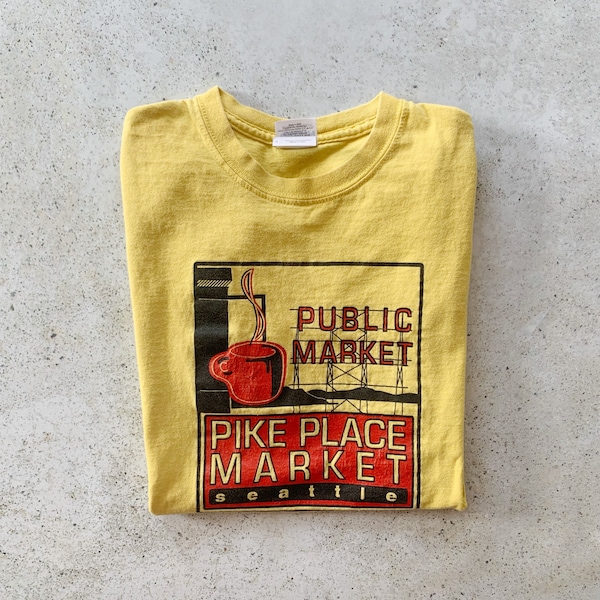 Vintage T-Shirt | SEATTLE Pike Place Market Top Shirt Pullover Graphic Tee Yellow | Size S