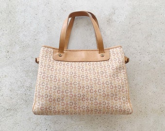 Vintage Bag | CELINE Logo Macadam Mini Tote Satchel Bag Purse Boho Bohemian Neutral Brown Tan Beige Leather Canvas