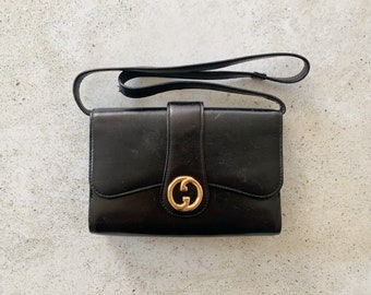 Vintage Bag | GUCCI GG Logo Monogram Leather Designer Shoulder Bag Purse 70’s 80’s Black Gold