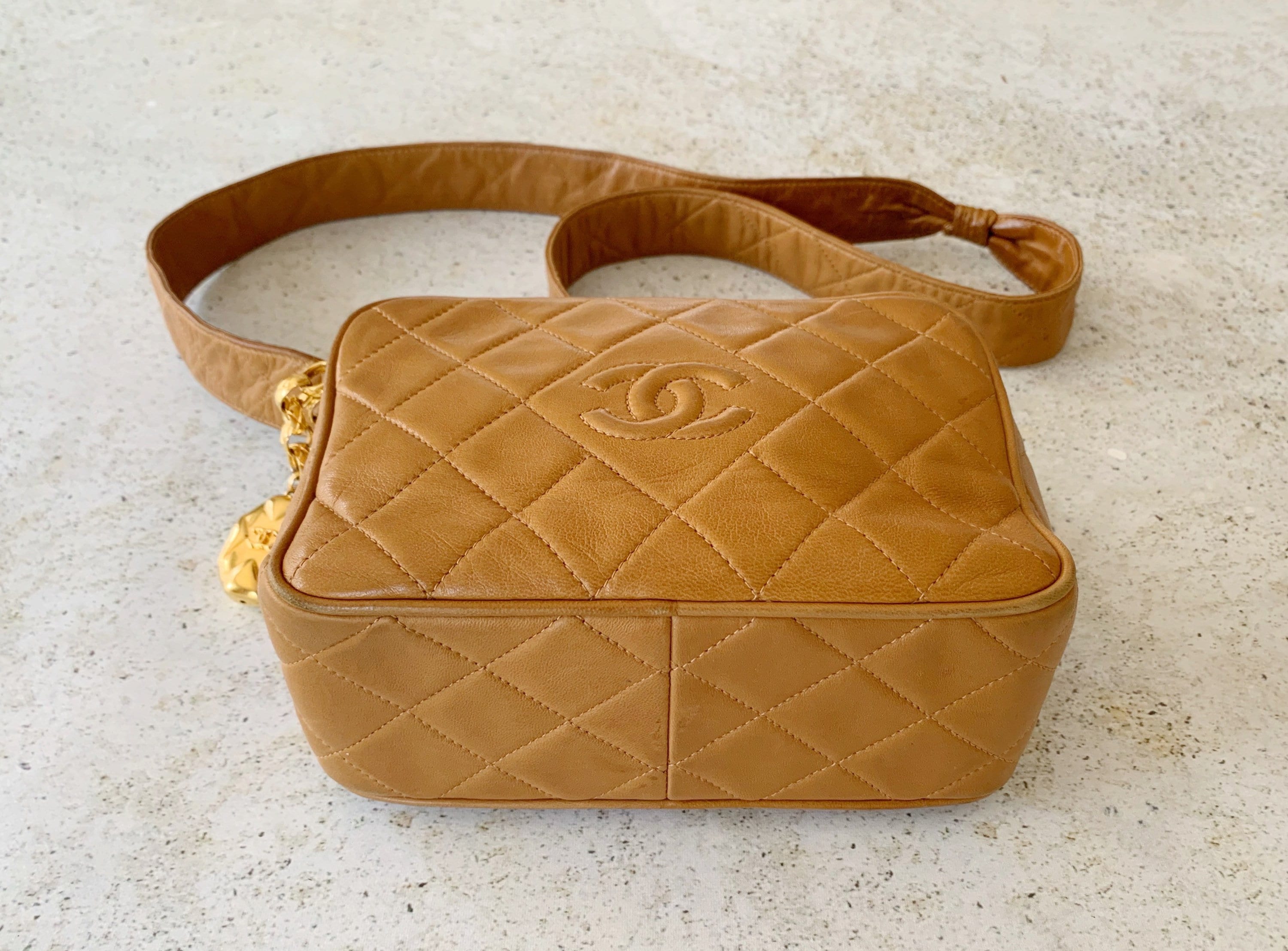 Vintage Bag  CHANEL Quilted Camera Matelasse Shoulder Bag 80's Lambskin  Leather Brown Tan Camel Gold Neutral