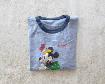 Vintage T-Shirt | MINNIE MOUSE Disney Cartoon Caricature Ringer Tee Top Shirt Pullover Blue 70’s 80's | Size S