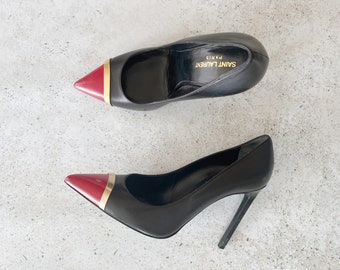 Vintage Shoes | YSL Yves Saint Laurent Paris Heels Pumps Shoes Leather Black Red Gold | Size 39.5 EU / 8.5 - 9 US