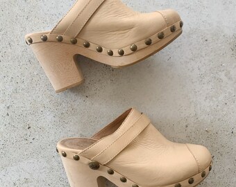 Chanel Beige Leather Clogs w/ Wood Platform sz 7