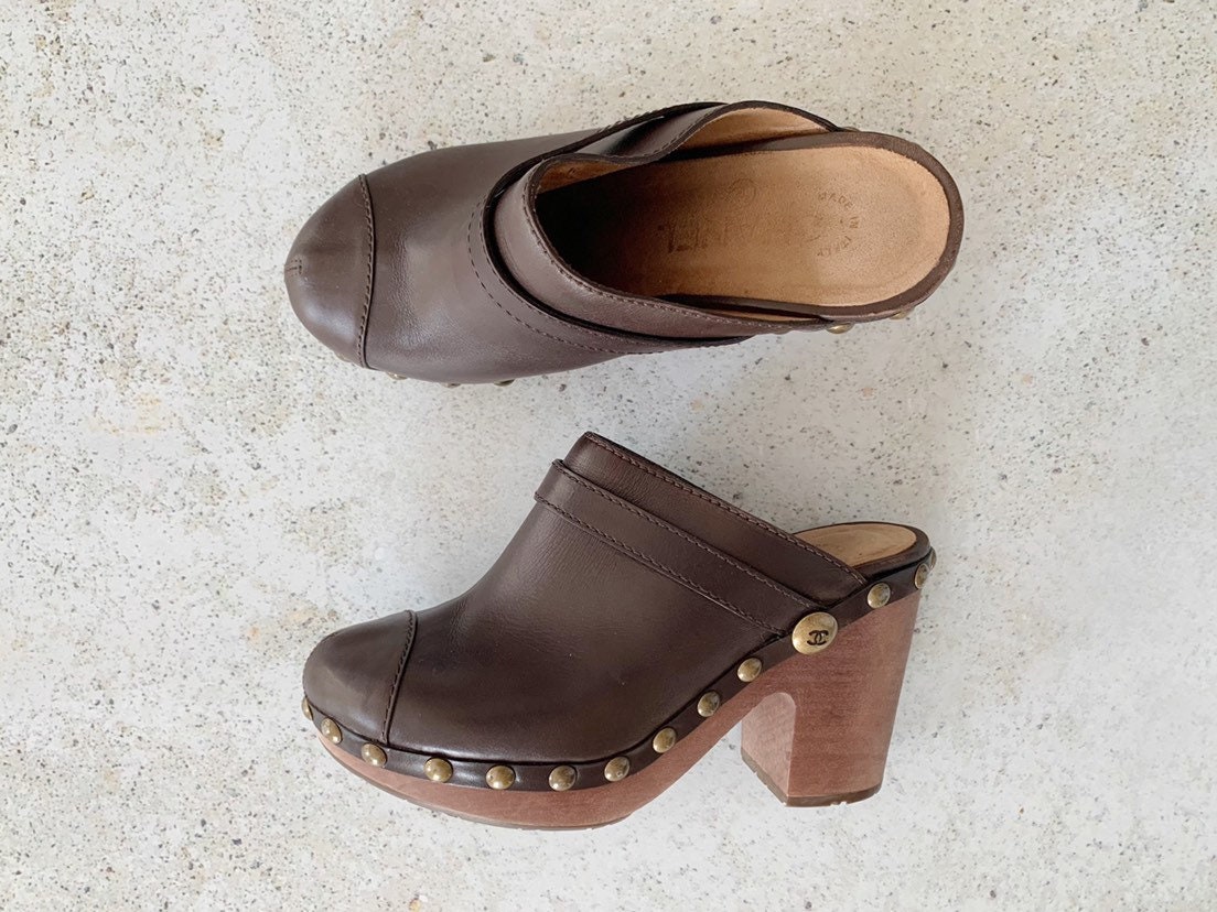 Vintage Shoes | CHANEL Leather & Brass Stud Clogs Mules Slides Brown ...