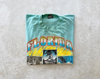 Vintage T-Shirt | FLORIDA Sunshine State Beach Coastal Tropical Ringer Tee Top Shirt Pullover Teal | XL