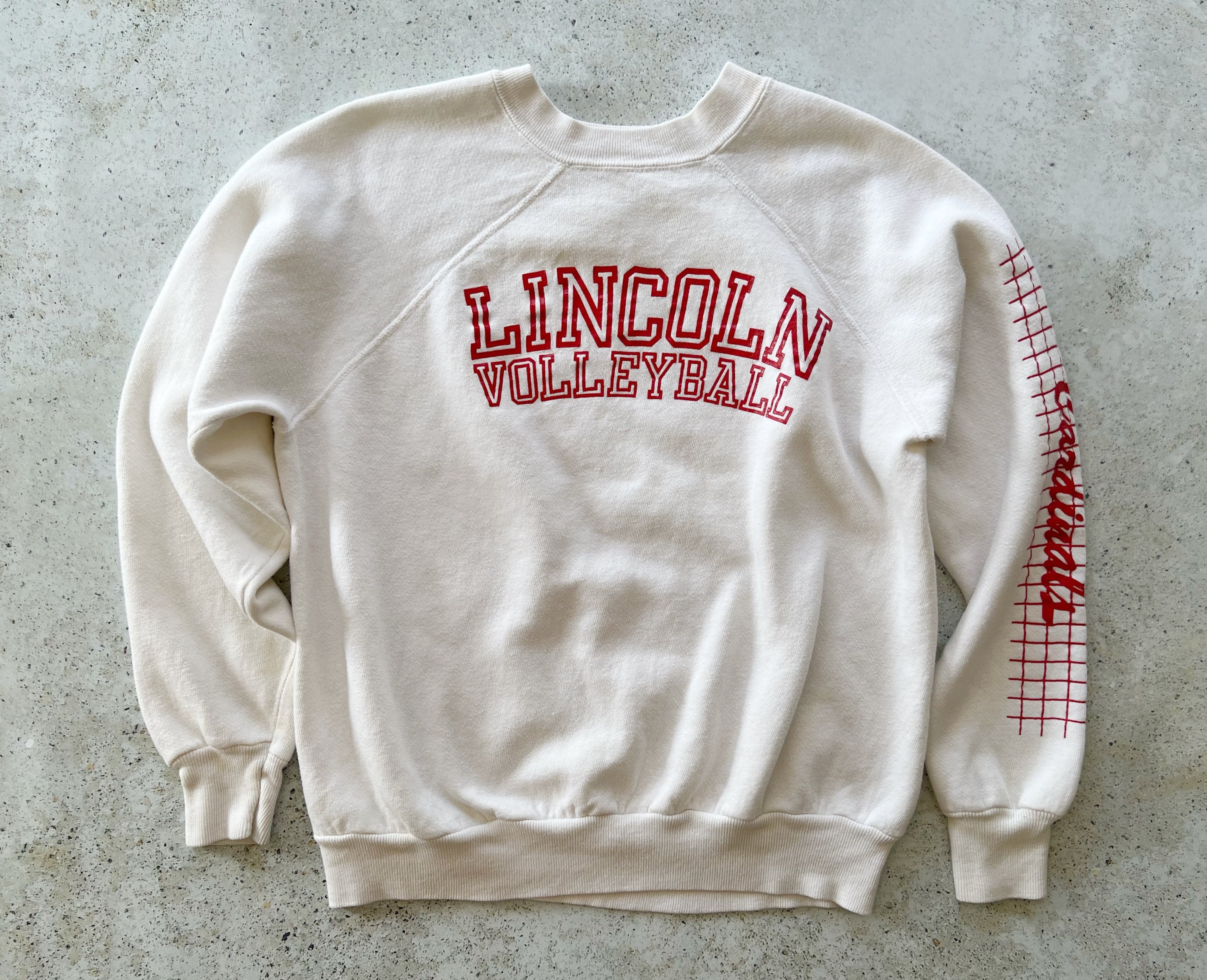 Vintage Sweatshirt | LINCOLN VOLLEYBALL Cardinals School Raglan Pullover  Top Shirt Sweater Sports White Red 70's | Size S