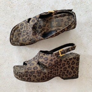 Vintage Shoes | FENDI Leopard Platform Sandals Mules Wedges 90&#39;s | Size 8.5 US