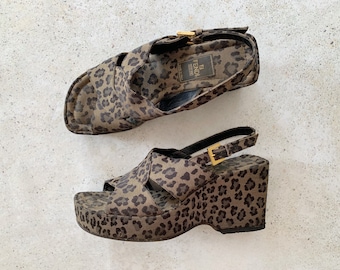 Vintage Shoes | FENDI Leopard Platform Sandals Mules Wedges 90's | Size 8.5 US