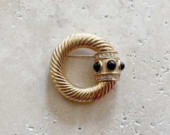 Vintage Brooch | GIVENCHY Brooch Pin Jewelry Braided Circle Rhinestone Cabachon Statement Piece Gold Brooch Pin 80’s 90’s