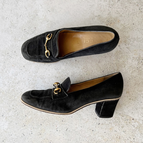 Vintage Shoes | GUCCI Women’s Horsebit Loafers Heels Pumps Suede Gold Black 80’s 90’s | Size 8.5 US