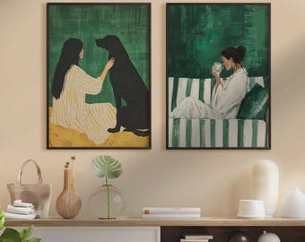 油絵　モード エメラルドグリーンの抽象的な女性のコーヒー | コーヒーの壁アート