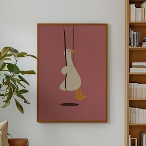 Swinging Goose Art Print – Cute and whimsical duck decor for nursery, kids room, or playroom. Minimalist and playful wall art, kids decor