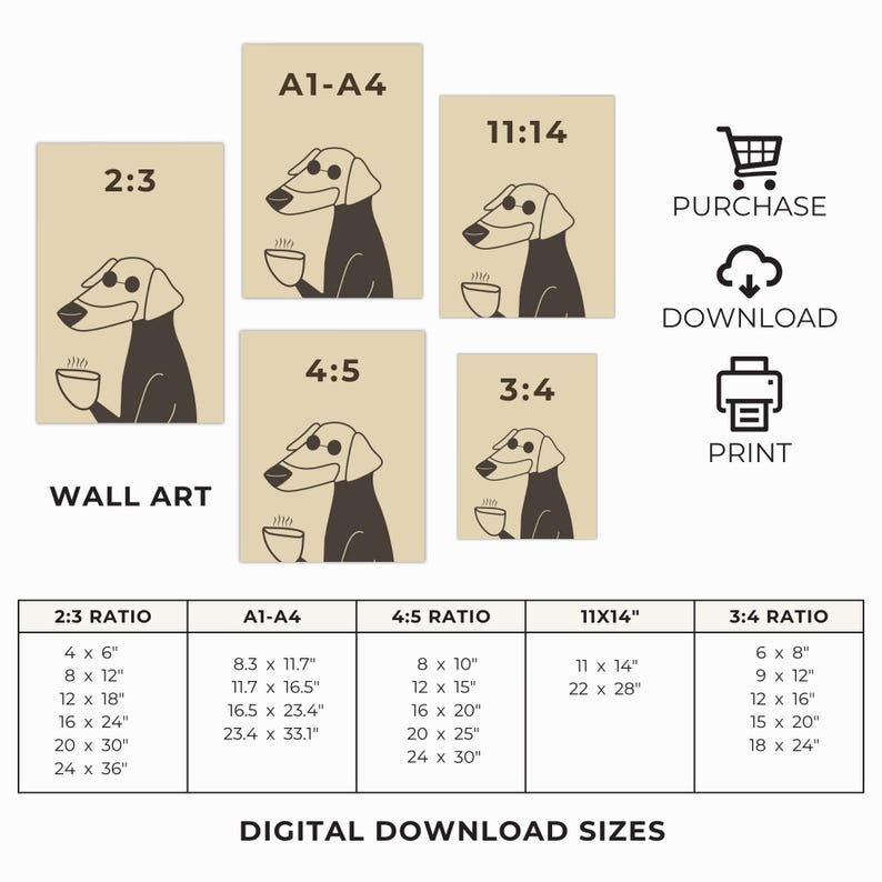 May include: Wall art prints featuring a cartoon dog with a coffee cup. The prints are available in various ratios and sizes, including 4x6 inches to 24x36 inches. The image also includes text that says "Digital Download Sizes".