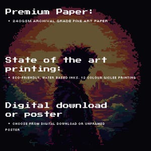May include: Digital download or poster with text: Premium Paper, State of the art printing, and Digital download or poster. The image features a pixelated silhouette of a person against a sunset backdrop. The poster is printed on 240GSM archival grade fine art paper.