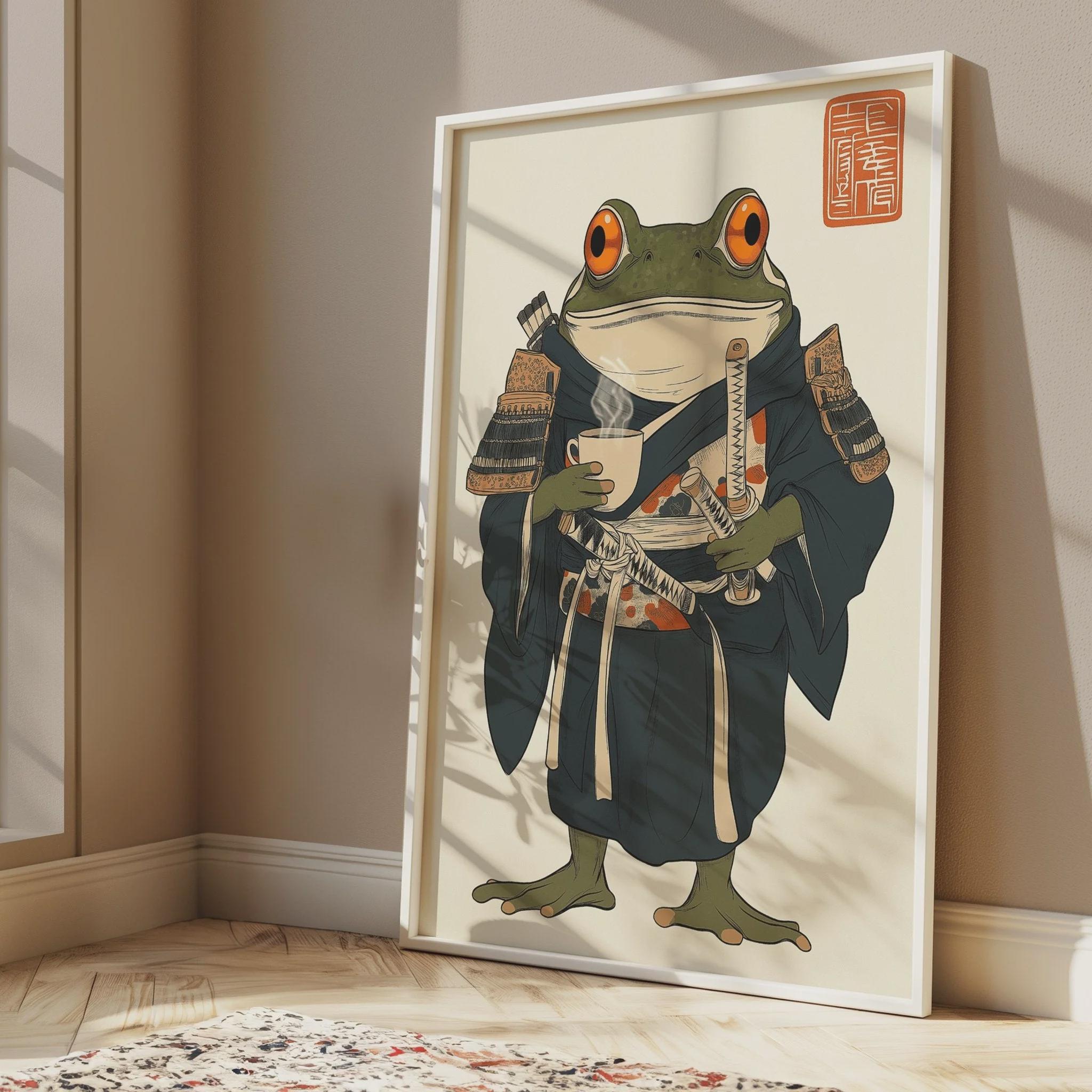 Japanese Frog Samurai Coffee | Japanese Kitchen Wall Art | Japandi