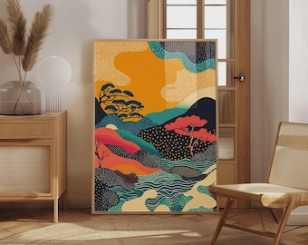 Japanese Abstract Landscape Wall Art | River and Sky Print | Modern Wabi-Sabi Decor | Colorful Asian Inspired Artwork | Contemporary Nature