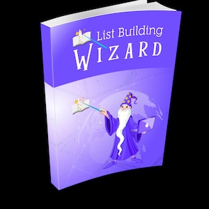 Può includere: Copertina di libro viola con il titolo "List Building WIZARD" in testo bianco. Un mago dei cartoni animati con una tunica viola e un cappello blu tiene un laptop e una bacchetta magica. Lo sfondo è un motivo viola e bianco.
