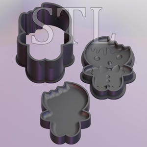 Könnte beinhalten: Drei Keksausstecher aus grauem Kunststoff in Form von Lebkuchenmännern. Ein Ausstecher hat eine Schleife und ein tropfendes Zuckerguss-Design. Die anderen beiden Ausstecher haben ein einfaches Lebkuchenmann-Design.