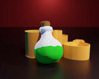 May include: A green potion in a white glass bottle with a cork stopper, sitting on a gold-colored platform.