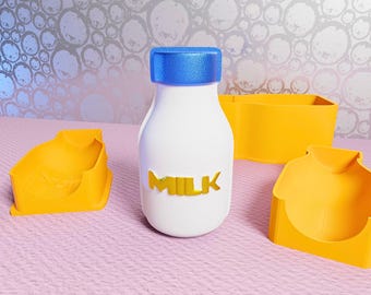 May include: A white milk bottle with a blue cap and the word "MILK" in yellow. The bottle is surrounded by three yellow containers, all on a pink surface. The background features a silver and white pattern.