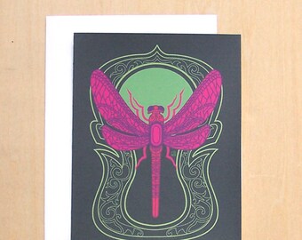 Neon Dragonfly - Psychedelic invertibrate A2 Blank Notecard