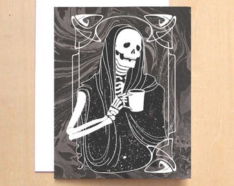 Mourning Coffee- skeleton drinking coffee illustration black card
