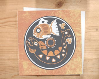 Ancient Poke Fish Dish - game carp in different patterns illustration blank card