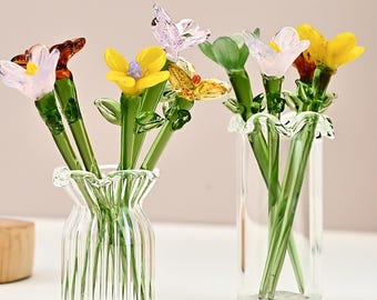 Personalized Mini Glass Bouquet Set, Floral Plant Garden Stake, Glass Plants, Single Petal Flower Decorations, Housewarming Gift, Home Decor