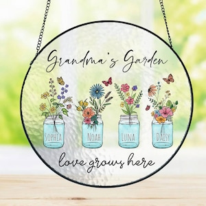 Gepersonaliseerde oma&#39;s tuin suncatcher, aangepaste bloemen glas-in-lood suncatcher, bloem glaskunst, cadeau voor Mimi/Gigi/Nana/Mom
