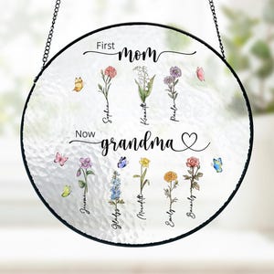 Gepersonaliseerde oma geboortebloem gebrandschilderd glas, aangepaste eerste moeder dan oma Suncatcher, moeder/grootmoeder cadeau van dochter/kleinkinderen