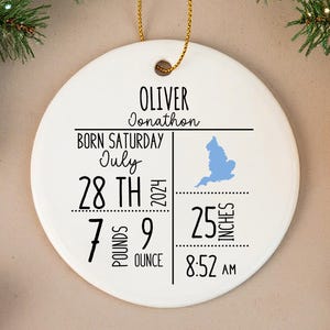 Personalized Baby Stats Birth Ornament,Custom Birth Announcement Keepsake, Babys First Christmas Ornament, Newborn Baby Birth Stats Keepsake