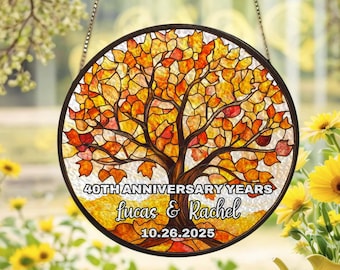 Atrapasueños de vidrieras personalizado con el Árbol de la Vida para el 40.º aniversario, con nombre, recuerdo personalizado del árbol genealógico, regalo para padres, decoración de ventanas.