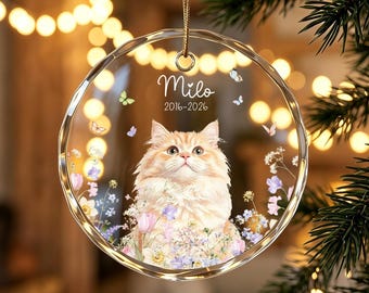 Custom Pet Portrait Memorial Ornament, Personalized Pet Name Glass Christmas Keepsake, Pet Bereavement Gift, Pet Photo and Wildflowers