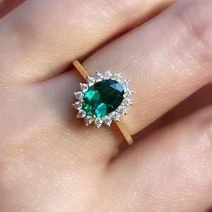 Oval Emerald Ring, 14K real Gold Vermeil Emerald Engagement Ring, Emerald Anniversary Ring, Birthday Gift For Her